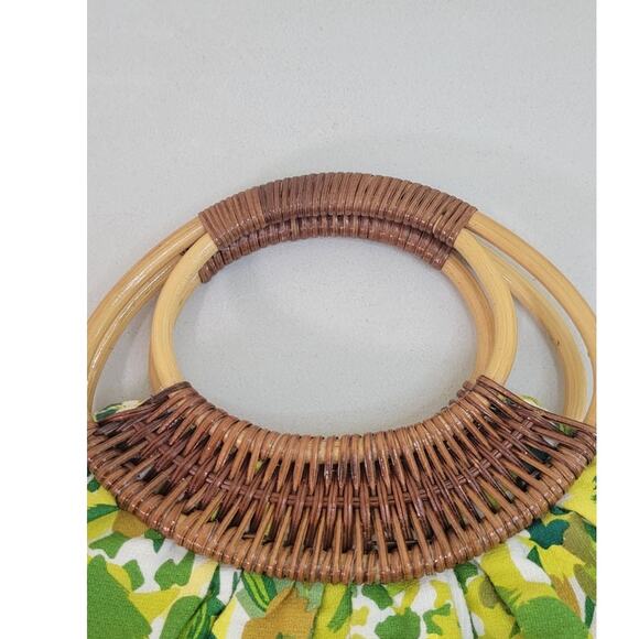 Boho Vintage Green & White Floral Purse Wooden Handles Hippie Retro Fun Handbag - Picture 2 of 6